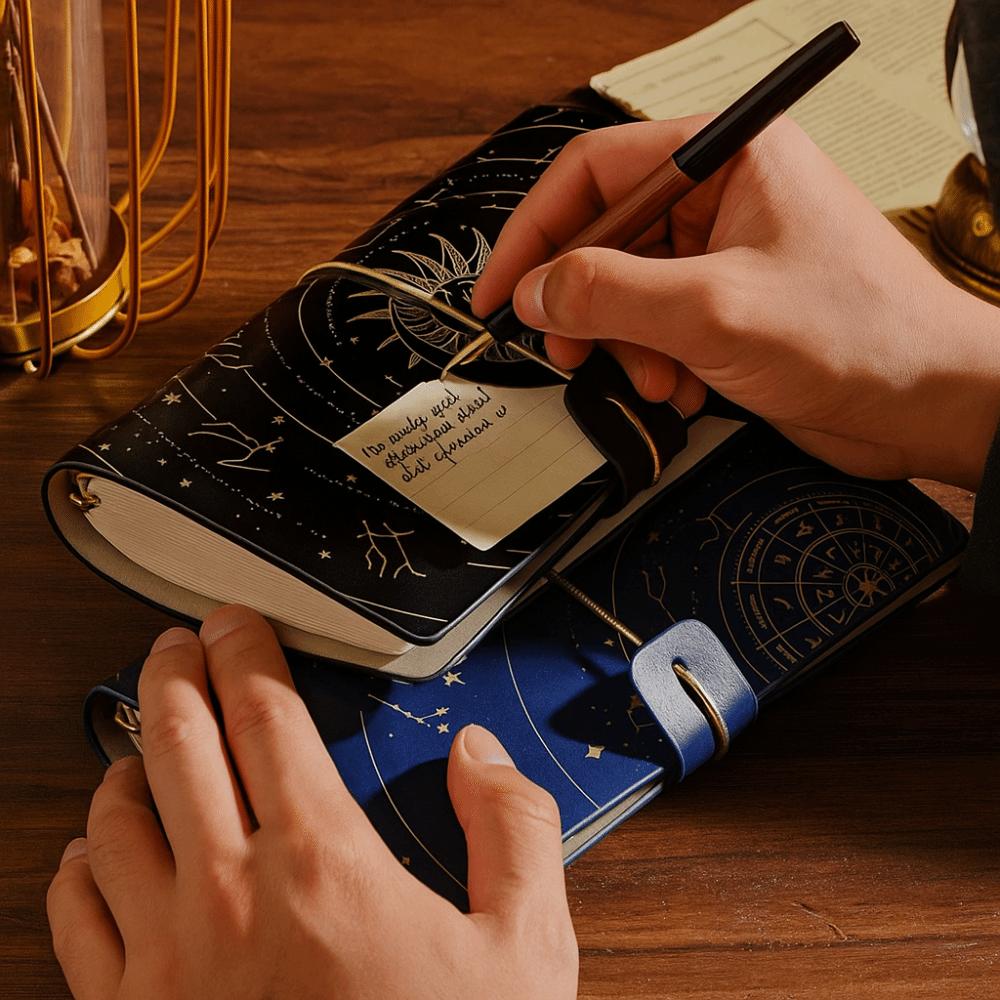 Journaling Retro Gold Stamping Notebook 192 Page Leather Cover Starry Sky Notebook Memos Waterproof Diary Handbooks Study