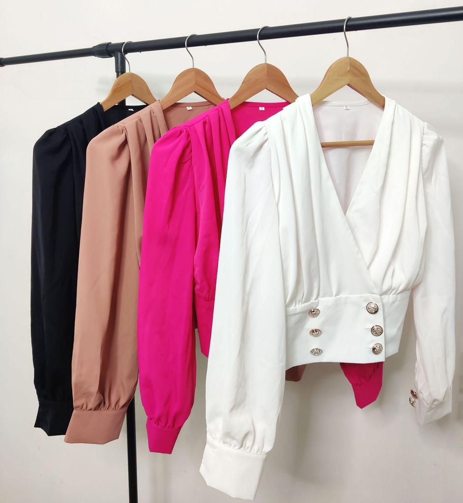 Женская сексуальная рубашка с V-образным вырезом, длинными рукавами-буфами, однотонная, короткая