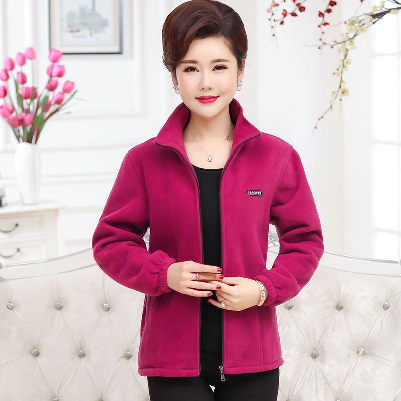 Middle-aged Elderly Women's Polar Fleece Sports Jacket Spring and Autumn Stand Collar Loose Outdoor Casual Sweatshirt Fleece Solid Color Short Top