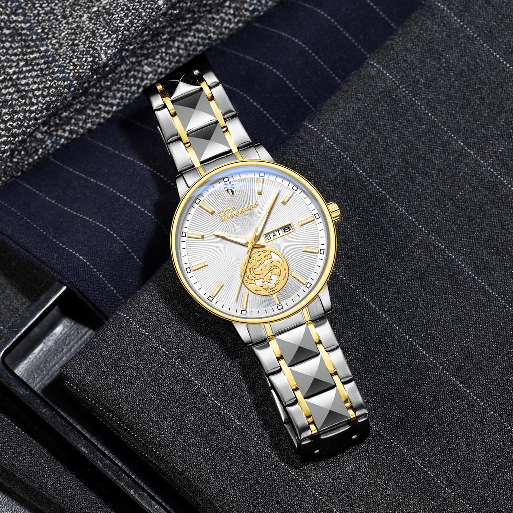 Chenxi Luxury Watch Men Golden Dragon Pattern Stainless Steel Fashion Quartz Wristwatches Curved Mirror Watches For Men Business