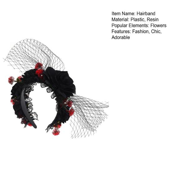Yousheng Хэллоуин Роза Ободок для волос для женщин Готический Черное кружево Красная роза Повязки для волос Лолита Кружевной головной убор для маскарада Косплей вечеринки Волосы