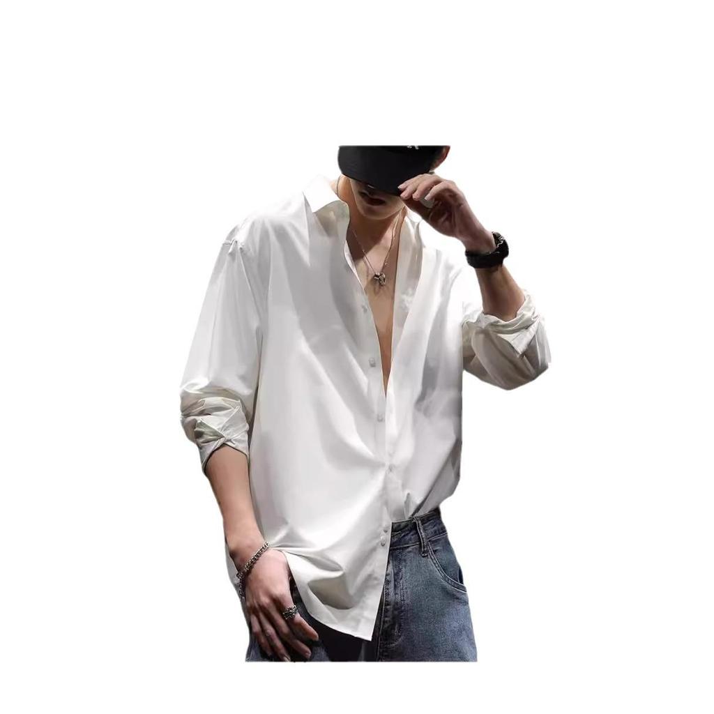 Белая рубашка с длинным рукавом в стиле ретро, свободного кроя, не мнущаяся