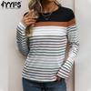 Женская мода повседневная весна-осень полосатый принт длинный рукав О-образный вырез блузки и рубашки