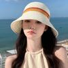 Flat Brim Wide Brim Bucket Hat Contrast Stripes Sun Hat New Hollow Straw Cap  Beach Vacation