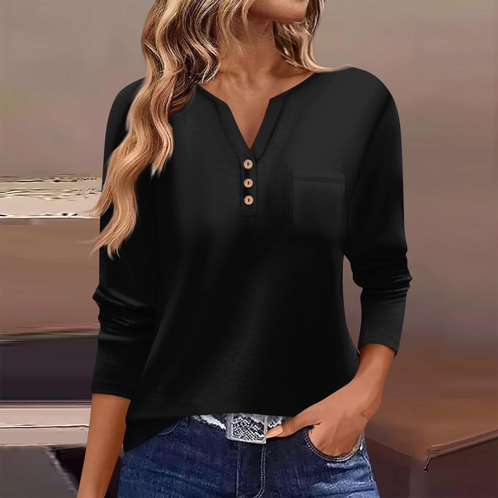 Women's T Shirt Tee Button Long Sleeve Daily Weekend Fashion Basic V- Neck Regular Top With Pocket
