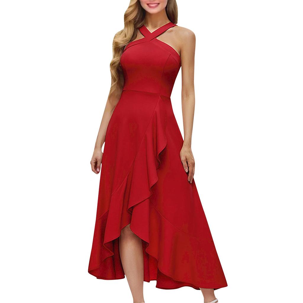 Ladies Elegant Sleeveless Sexy Fashion Evening Dress Prom Ruffle Dress