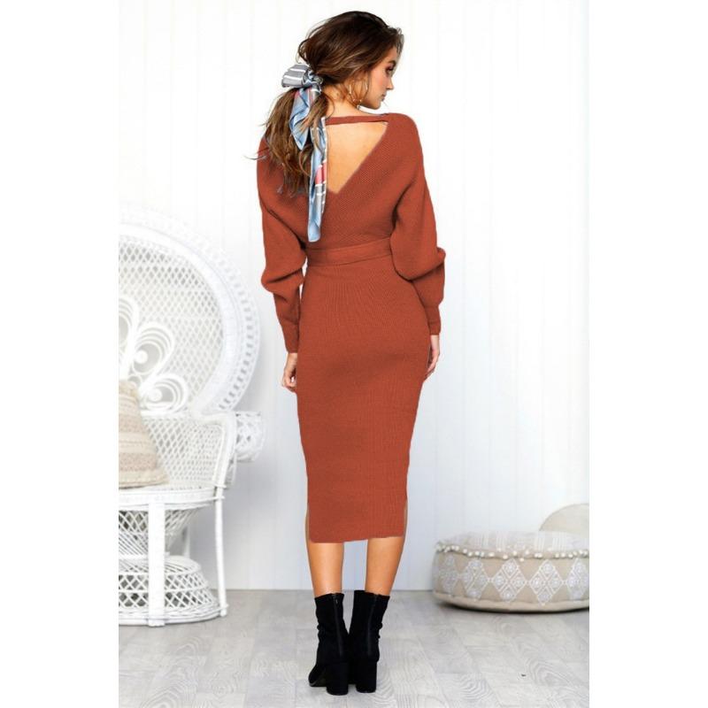 Осенне-зимнее женское трикотажное платье сексуальное с запахом на бедрах теплое платье-свитер