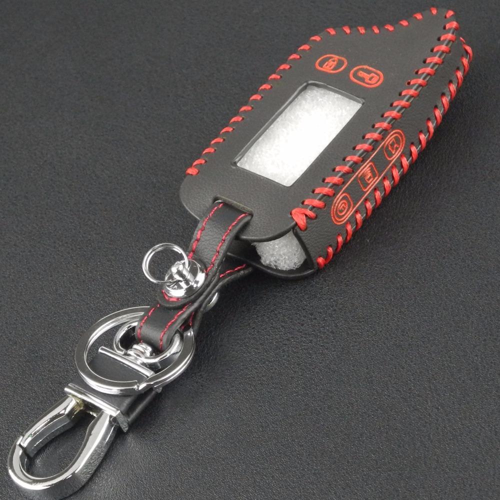 Jingyuqin Hand-stitched Leather 5 Buttons Remote Cover Case For Tomahawk TW9010 TW9030 Two Way Alarm System LCD Keychain