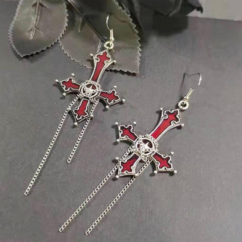 Gothic Style Punk Cool Cross-Earrings Long Chain Pendant Drop Earrings For Women Men Street Hip Hop Earring Jewelry Gift