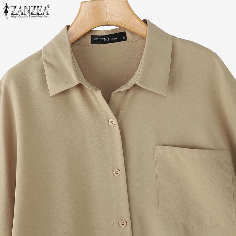 ZANZEA Women Summer Turn Down Collar Loose Asymmetrical Half Sleeve Blouse