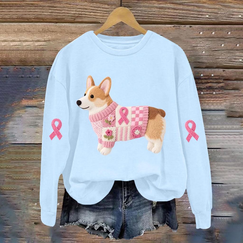 Breast  Sweatshirts For WomenRibbon Breast  Shirt Cute Dog Graphic  Long Sleeve Tops
