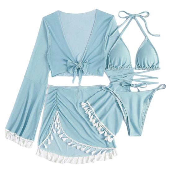 4Pcs/Set Women Sexy Bikini Set Halter Lace-up Triangle Bra Briefs Swimsuit Cover