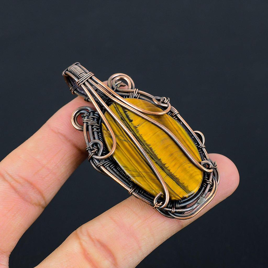 Тигровый глаз драгоценный камень из чистой медной проволоки обернутый ювелирный кулон ручной работы для подарка