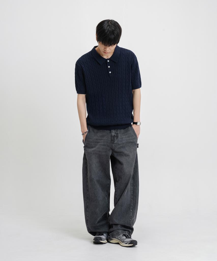 LEMAIN SECOND Oversized Washable Collared Cable Short Sleeve Knit [Navy]