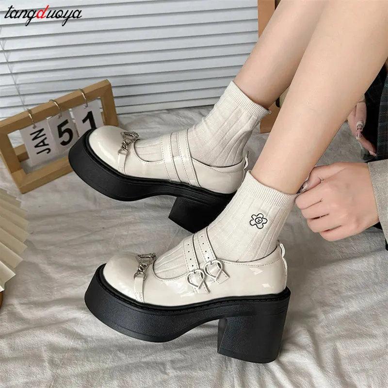 Модные лоферы с цепочкой, женские туфли на платформе, осенние новинки, туфли Мэри Джейн на высоком каблуке, туфли-оксфорды с круглым носком, женские туфли в стиле «Лолита»