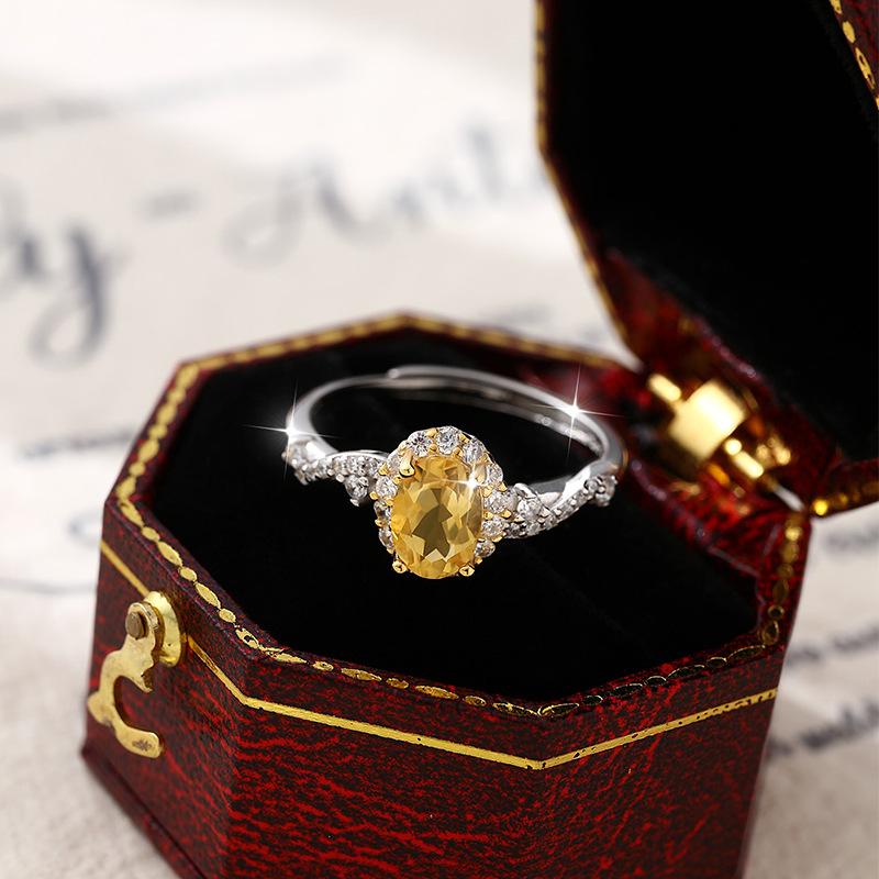Natural Crystal Stone Ring S925 Sterling Silver Inlaid Topaz Olivine Light Luxury Fashion Gift Women