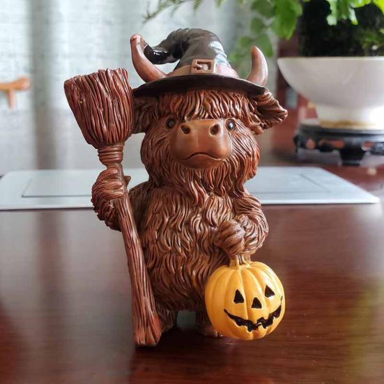 Halloween Highland Cow Resin Figurine Wizard Hat Pumpkin Broom Cattle