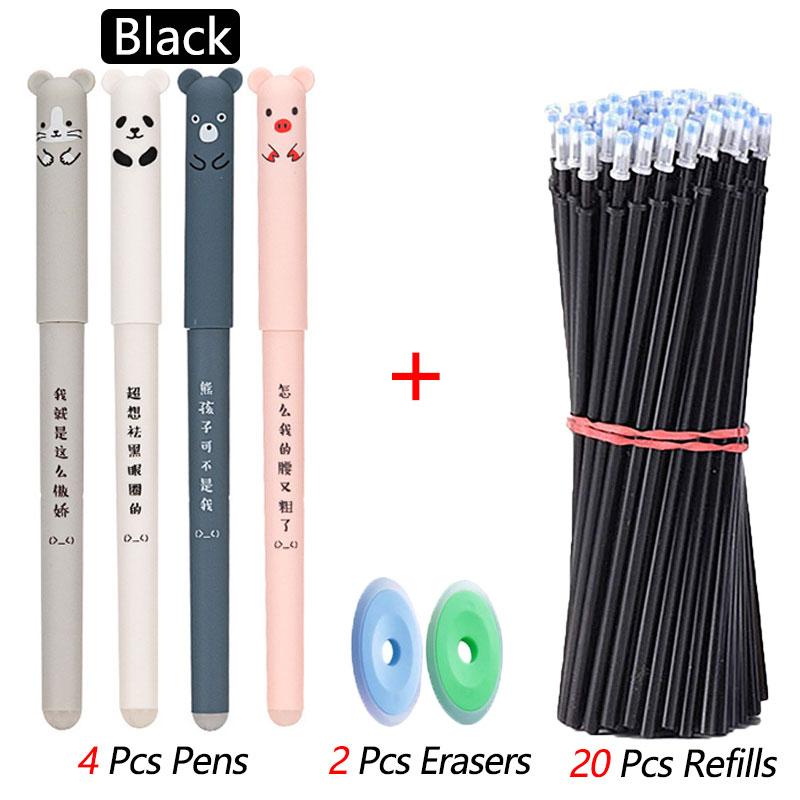 4+2+20 Pcs/Set Kawaii Erasable Gel Pens 0.35mm Waterproof  Blue/Black/Red Gel Ink Stationery School Supplies for Office Student