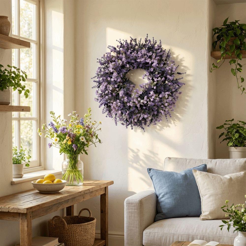 Lifelike Artificial Lavender Wreath Fresh Handmade Lavender Floral Wreath Plastic Vivid Colors Spring Wreath Holiday Decor