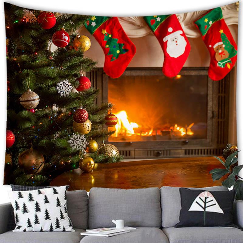 Merry Christmas Christmas Tree Fireplace Printed Pattern Tapestry Home Living Room Bedroom Background Wall Decoration Tapestry