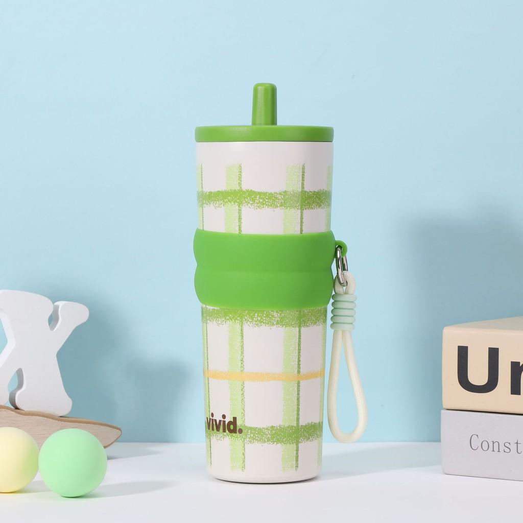 Клетчатая термокружка из нержавеющей стали большой вместимости с принтом букв и соломинкой