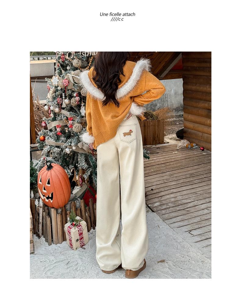 Модные женские джинсы с высокой талией и вышивкой из бархата с широкими штанинами для зимы 2025 года