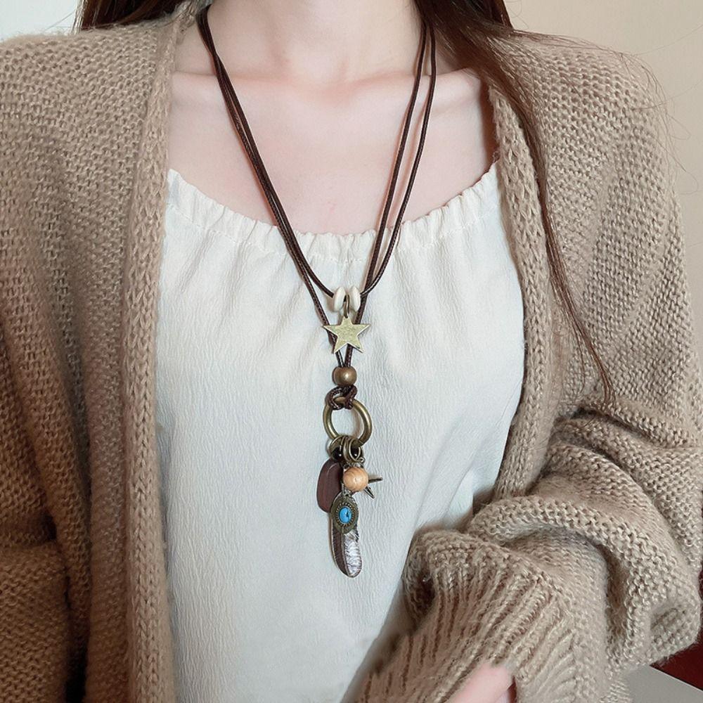 Geometric Bohemian Style Choker Wood Long Sweater Chain Ethnic Style Necklace Jewelry Accessories