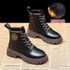 Женские ботильоны 2025 Новые осенне-зимние одинарные ботинки Толстая подошва Мягкая кожа Плюс бархат Британский стиль Мотоциклетные ботинки