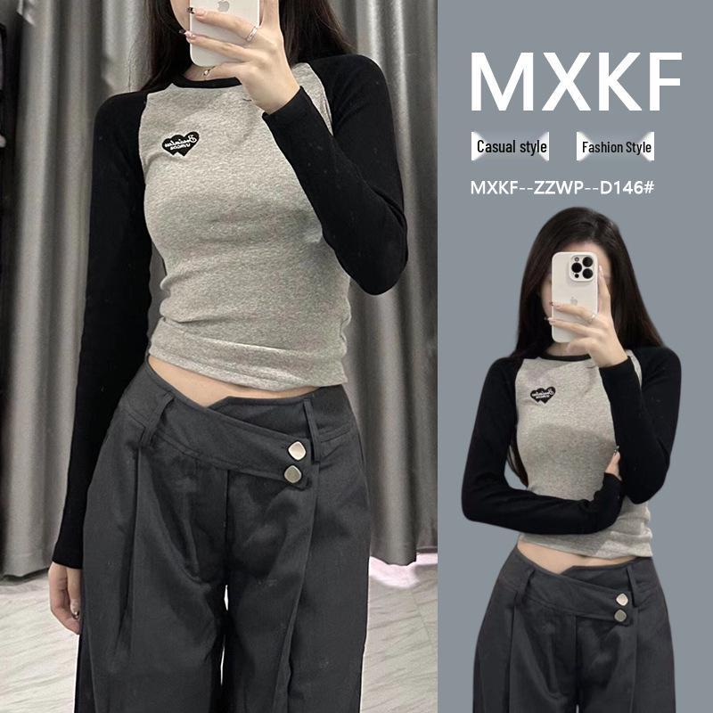 2023 Осень Корейский Ретро Колорблок Реглан Приталенный С Длинным Рукавом Женский Базовый Слой Топ