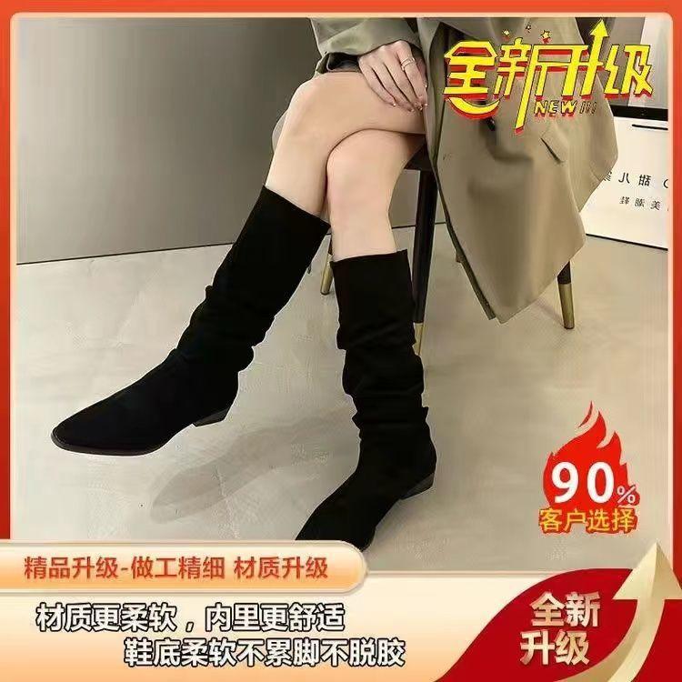 2025 лето и осень новые рыцарские сапоги женские ретро замшевые на толстом каблуке остроносые высокие сапоги коричневые плиссированные сапоги с ворсом