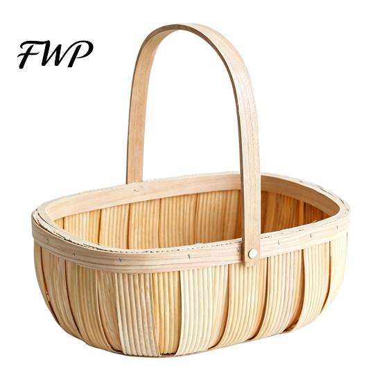 Portable Food Serving Tray Handmade Woven Wood Storage Basket, Oval Organizer with Reinforced Handle, Home Organization Baskets Large Capacity Bin for