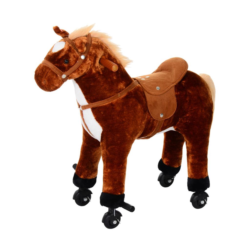 Ride-On Horse for Children, Plush Horse on Wheels, Sounds, Handle, 75 cm Tall, Brown
