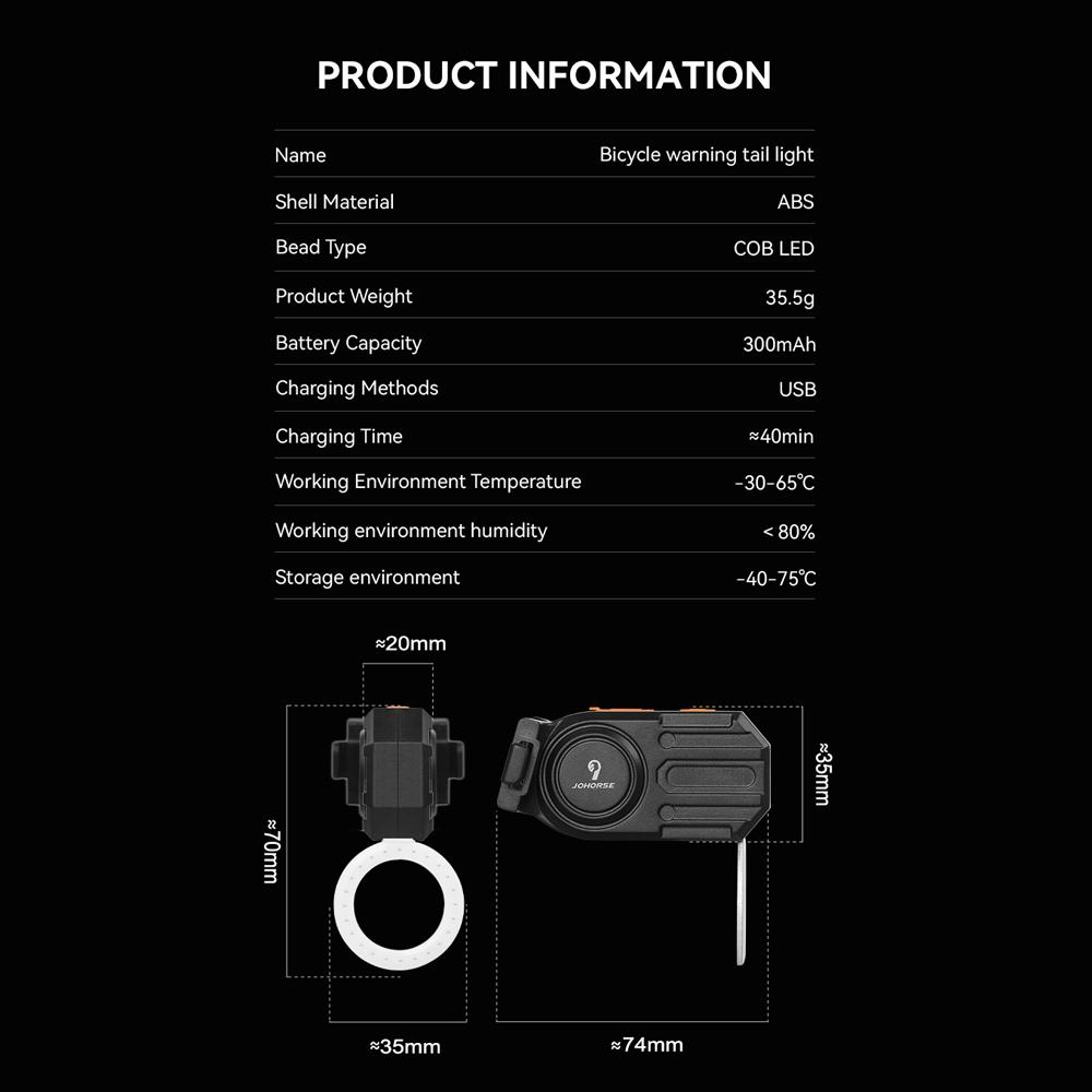 Задний фонарь для велосипеда JOHORSE с зарядкой от USB, предупреждающий свет для велосипеда, поддержка нескольких режимов освещения