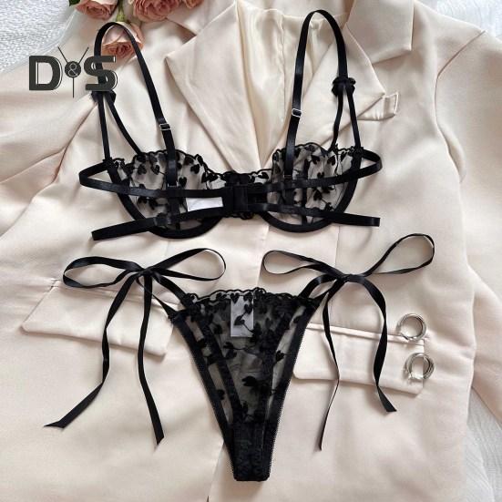 Комплект нижнего белья из 2 предметов: бюстгальтер и трусики, прозрачный, кружевной, с вышивкой в виде сердца, однотонный, с регулируемым ремешком, тонкий, мягкий, с высокой талией, для первой брачной ночи или медового месяца