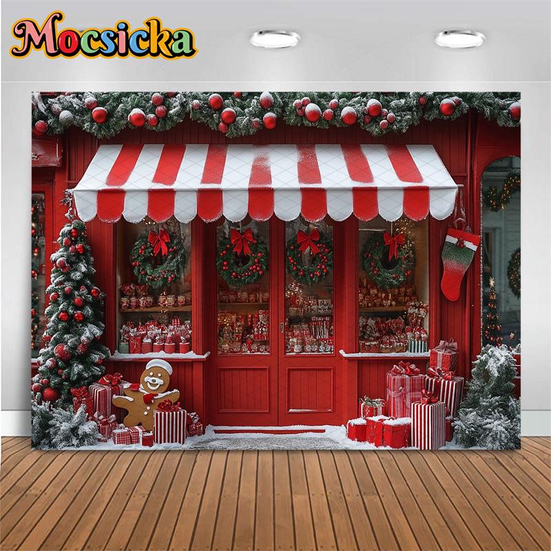 Mocsicka Christmas Shop Photo Background Winter Snow Gift House Store Decorations New Year Party Backdrops Photography Wallpaper