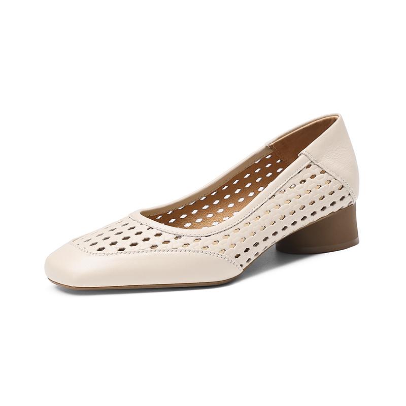 Fashion French Single Women's Summer Cutout Breathable Square Toe Kitten Heel Block Heel Sandals