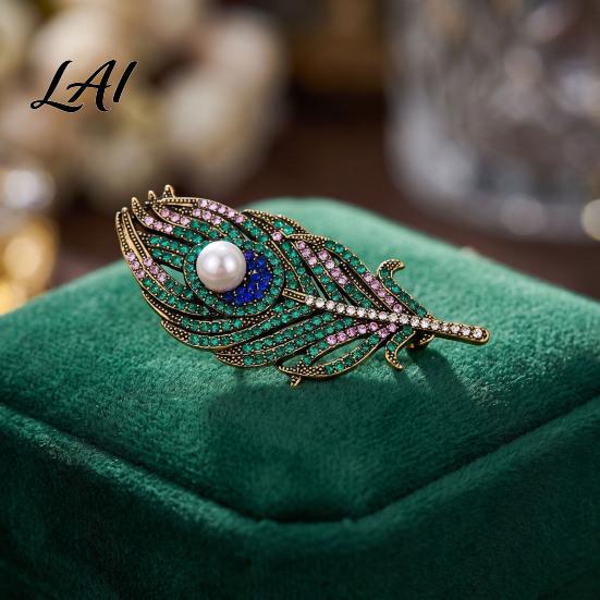 Coats Decorative Pin Vintage Peacock Feather Brooch Faux Pearl Rhinstone Lapel Rhinestone Dress Pin Clothing Jewelry Accessories for Wedding