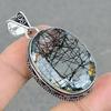 Lab Created Black Rutile Vintage Pendant 2.3" Silver Tone Oval Cut Gemstone Gift