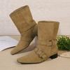 Woman Short Boots  Autumn Suede Leather Square Toe Women Heel Midsole Boots Low Heel Buckle Strap Retro Botas Para Mujer