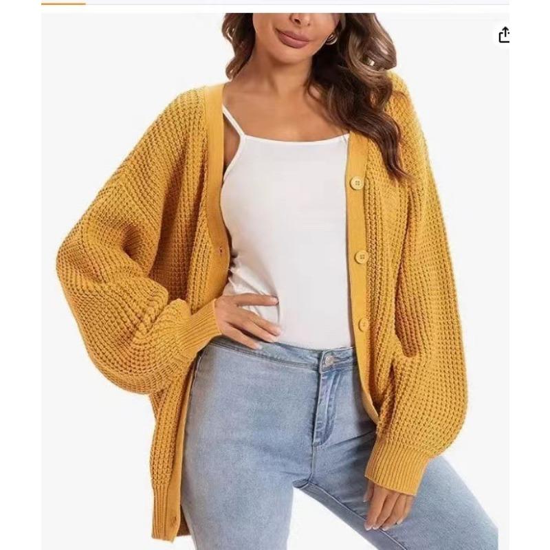 Lantern Sleeve Knitted Plus Size Cardigan Sweater Coat Women V-Neck Single Breasted Lazy Style Cardigan
