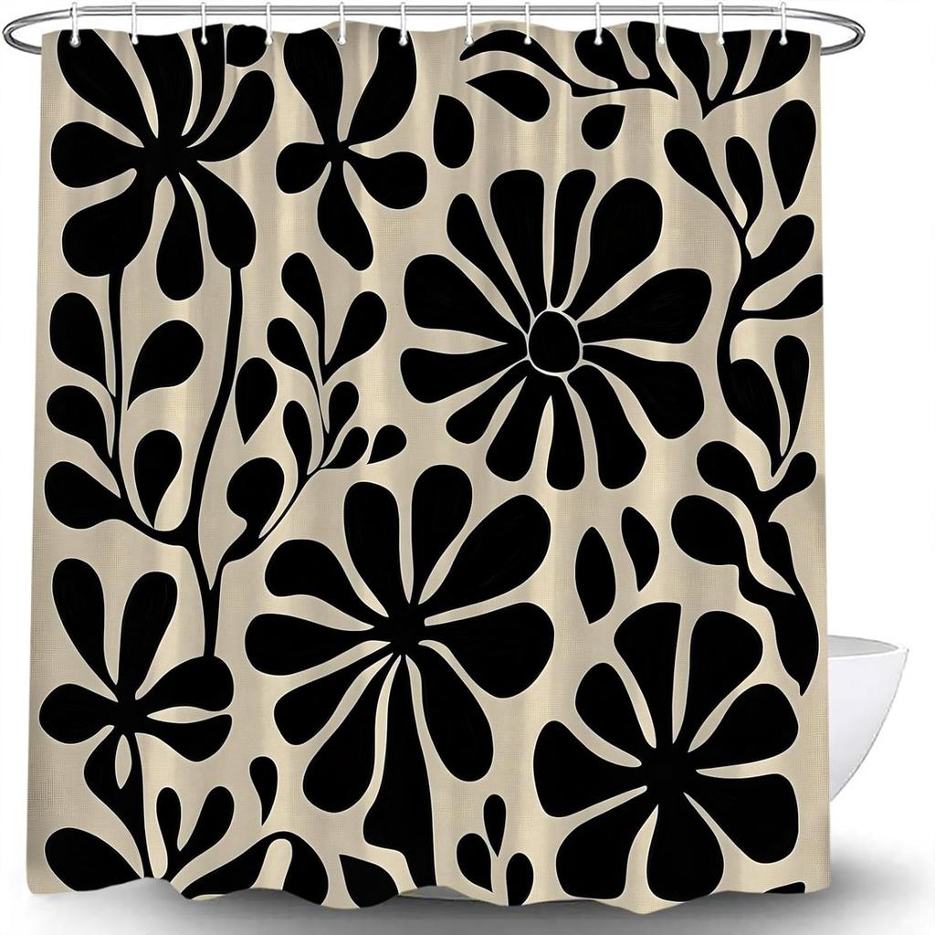Черная Бохо Цветочная Шторка для Душа Ретро Абстрактные Цветы Листья Милое Растение Винтажная Эстетика Современная Крутая Рустикальная Мид-сенчури Искусство Ванная Комната Декор Шторка с