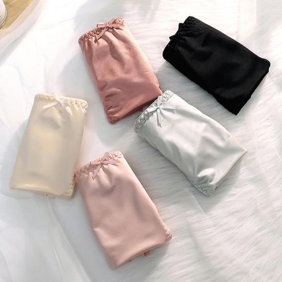 Smooth Satin See-through Lace Stitching Briefs Sexy Bowknot Decor Mid-rise Hip Lifting Breathable Thin Women Panties