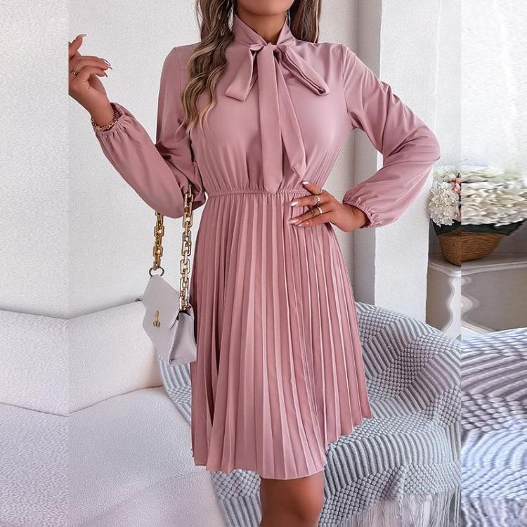 Элегантное осенне-зимнее женское платье на шнуровке с высокой талией, длинным рукавом и плиссировкой, однотонное