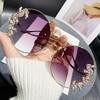 New Style Frameless Cut-edge Diamond Sunglasses With Wave Design Temple Glasses Fashionable Round Rhinestone Sunglasses