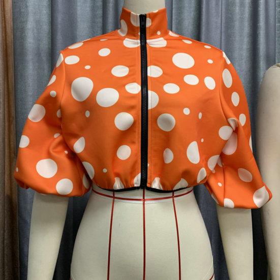 Women Jacket Stand Collar Color Matching Dot Print Zipper Closure Short Type Loose Long Sleeve Cardigan Lady Casual Coat