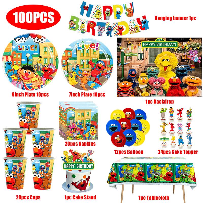 Cartoon Sesames Street Birthday Party Decors Elmo and Friends Theme Tablecloth Cup Plate Napkin Number Balloon Set Cake Topper