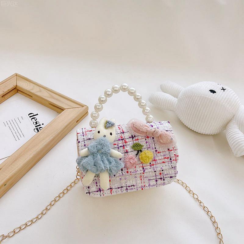 Fashionable Mini Children's Cotton And Linen Bag With Cute Rabbit And Pearl Accessories