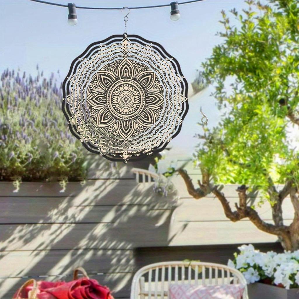Mandala Metal Wind Spinner Garden Decor Outdoor Indoor Hanging Ornament Black Gold Accents Holiday Gift for Home Yard Detailed Design