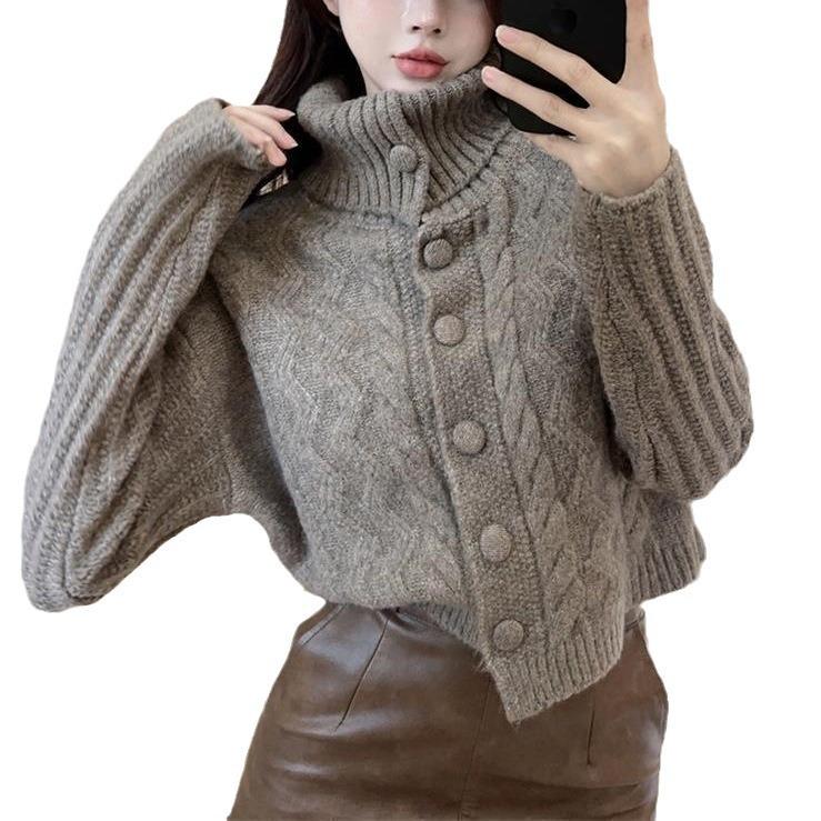 Свитер с высоким воротом для женщин на осень и зиму, мягкий и свободный вязаный свитер с короткими рукавами, ленивый дизайн