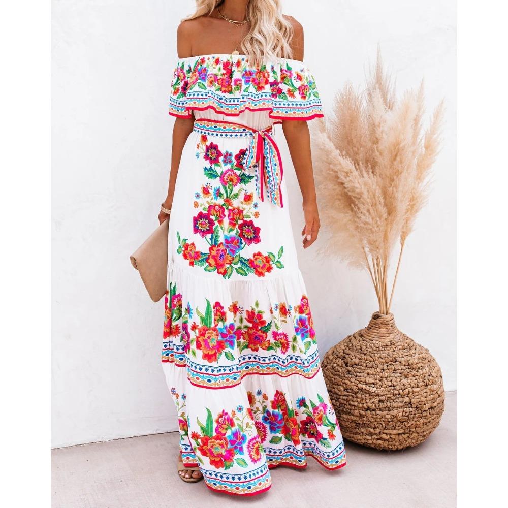 Bohemian Slash Neck Dresses Women Floral Print Waist Elegant Floor-length Dress Retro Clothing